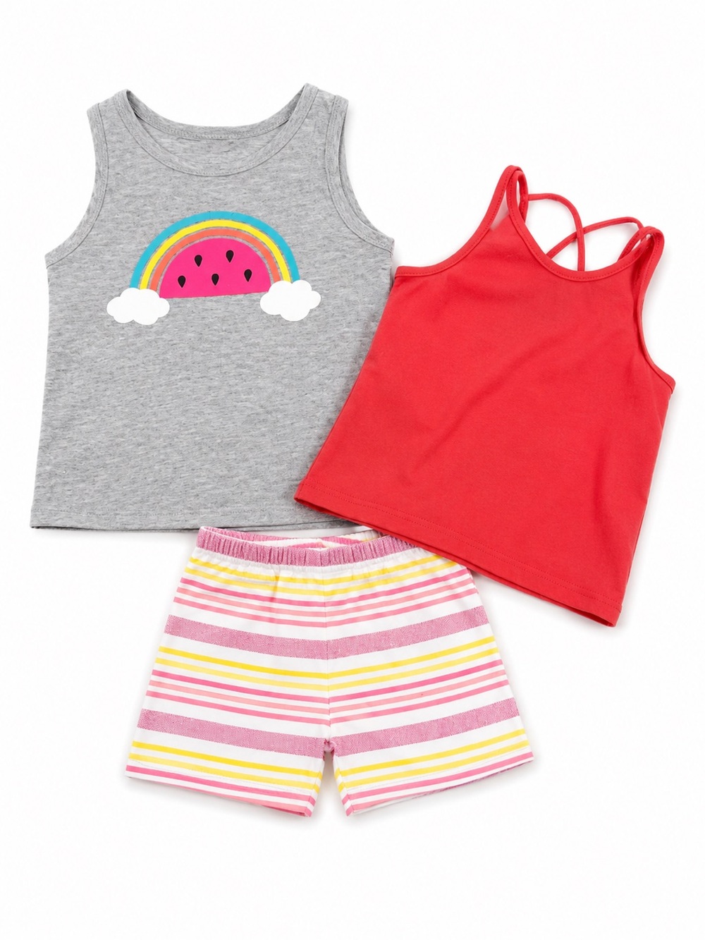 3pc set Cute Tank & Short Set - Gray Watermelon Tank, Red Cami, Striped Shorts